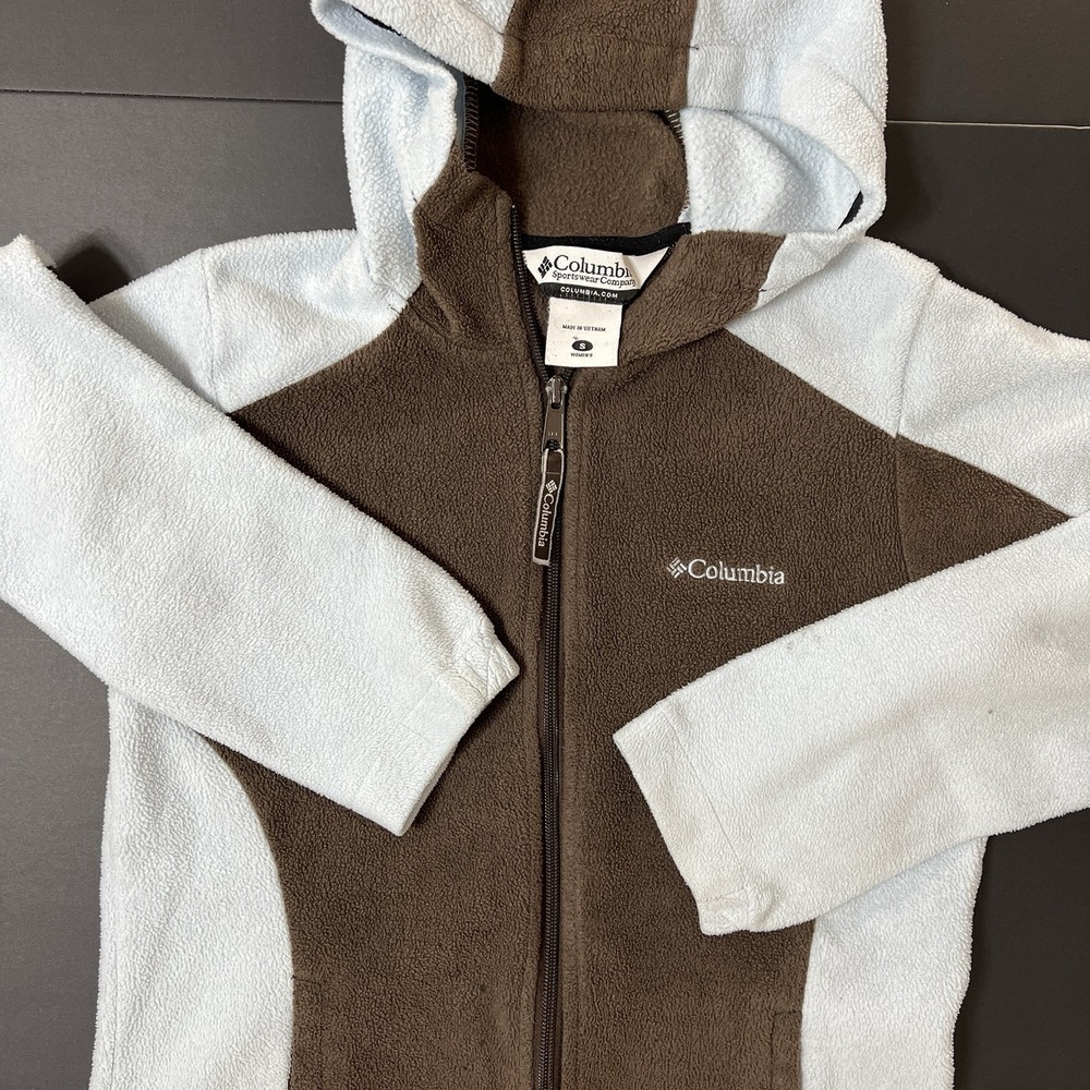Columbia Sherpa Fleece Jacket Women's Size S Brown Blue Fullzip Hooded Outdoor‎
